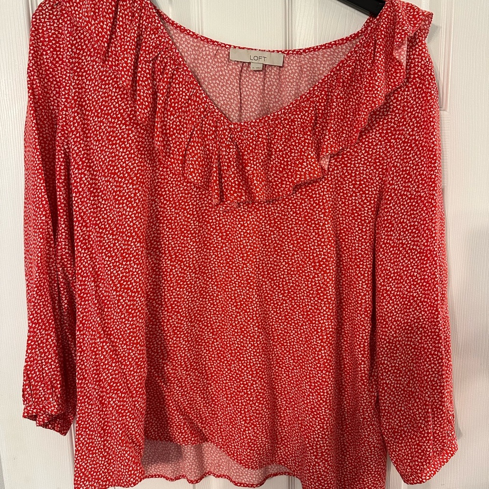 LOFT Ruffled Orange Blouse with Three-Quarter Sleeves
